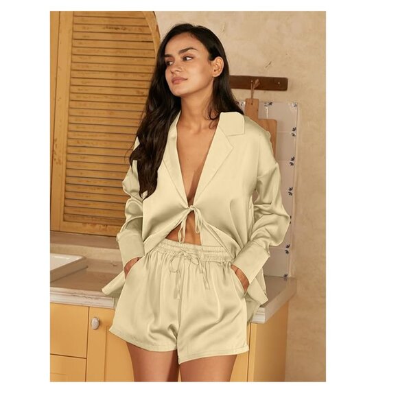 Satin Pajama Set 2 Piece Loungewear Champagne Women L - Picture 5 of 7